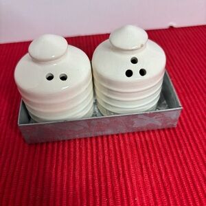 Magnolia Ceramic Salt and Pepper Shakers with Tray. Farmhouse Style